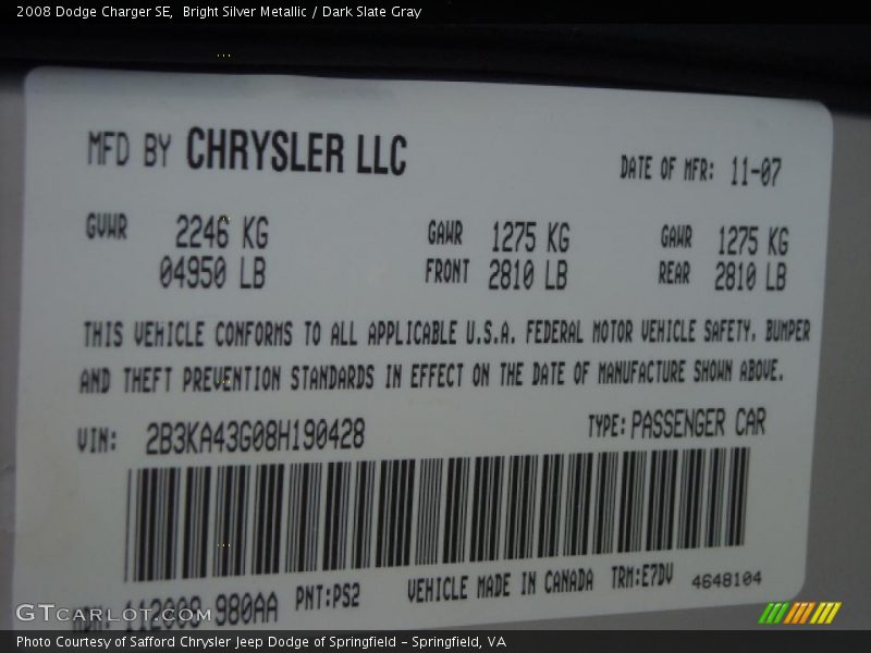Bright Silver Metallic / Dark Slate Gray 2008 Dodge Charger SE