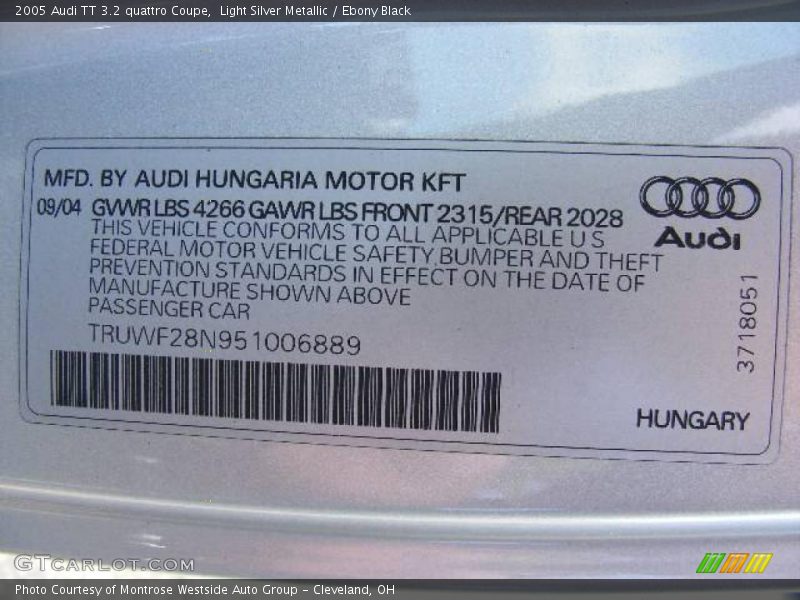 Light Silver Metallic / Ebony Black 2005 Audi TT 3.2 quattro Coupe