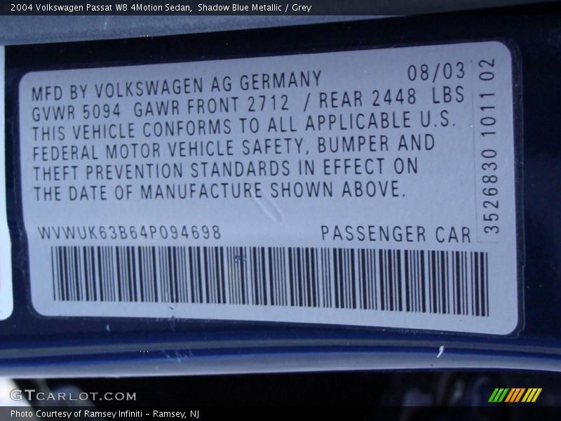 Shadow Blue Metallic / Grey 2004 Volkswagen Passat W8 4Motion Sedan