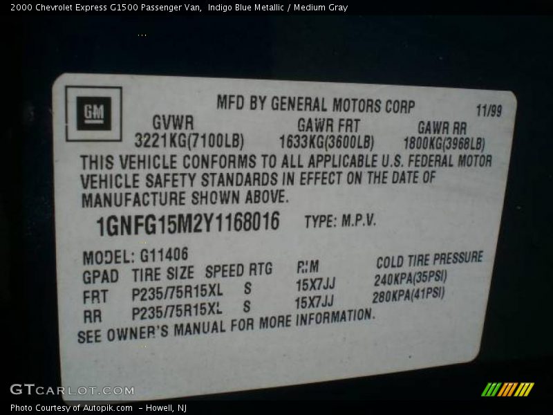 Indigo Blue Metallic / Medium Gray 2000 Chevrolet Express G1500 Passenger Van