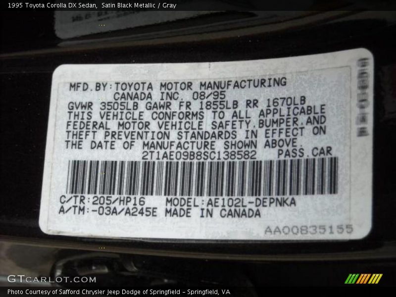 Satin Black Metallic / Gray 1995 Toyota Corolla DX Sedan