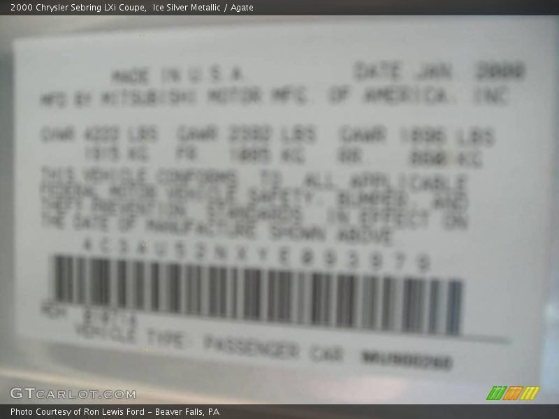 Ice Silver Metallic / Agate 2000 Chrysler Sebring LXi Coupe