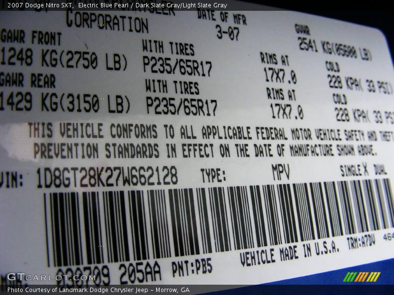 Electric Blue Pearl / Dark Slate Gray/Light Slate Gray 2007 Dodge Nitro SXT