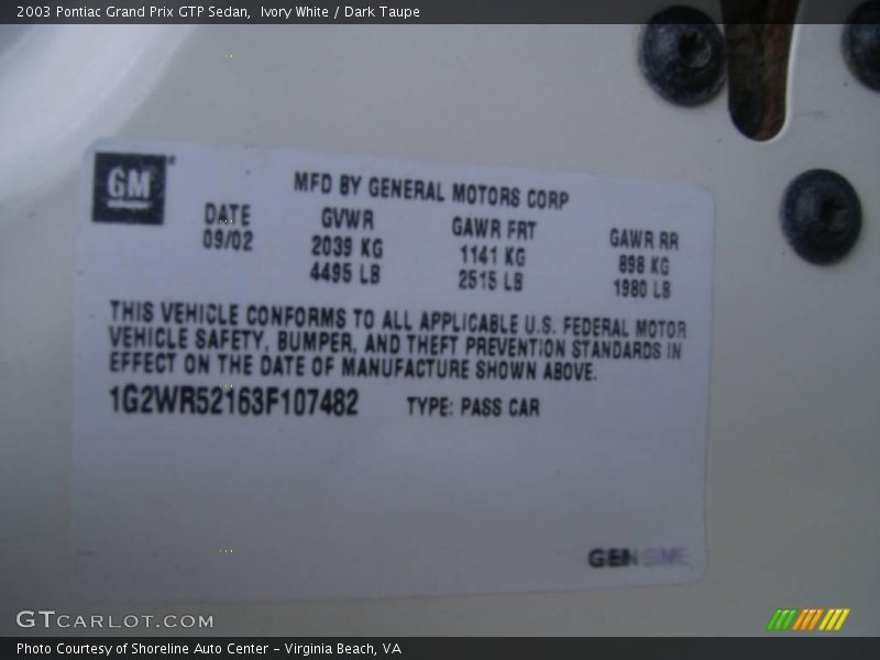 Ivory White / Dark Taupe 2003 Pontiac Grand Prix GTP Sedan