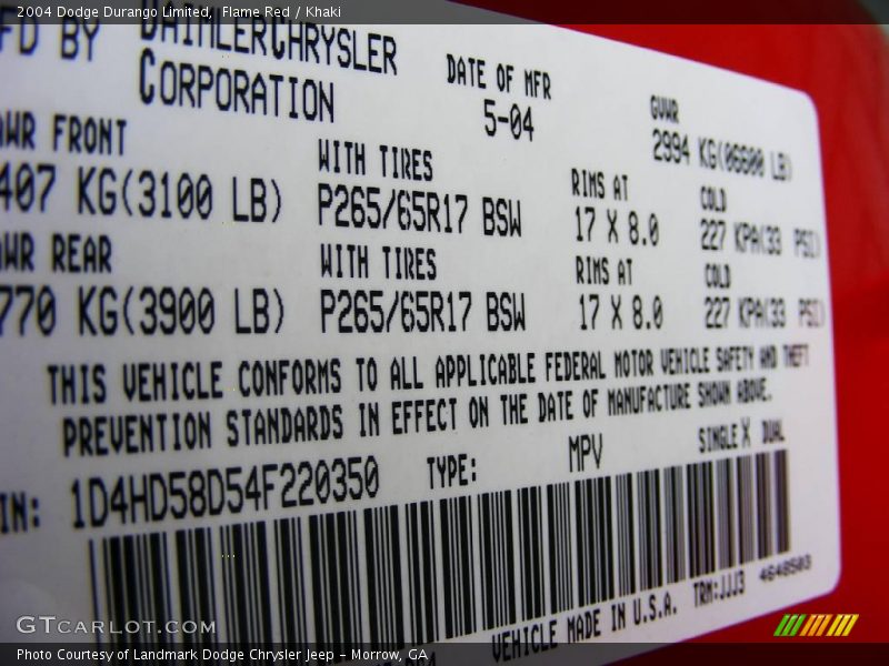 Flame Red / Khaki 2004 Dodge Durango Limited