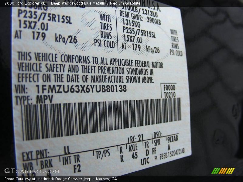 Deep Wedgewood Blue Metallic / Medium Graphite 2000 Ford Explorer XLT