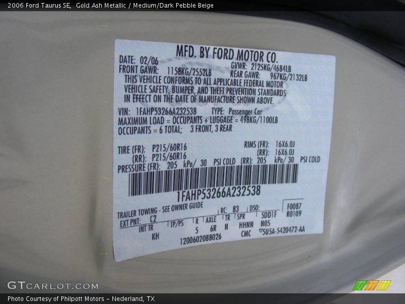 Gold Ash Metallic / Medium/Dark Pebble Beige 2006 Ford Taurus SE