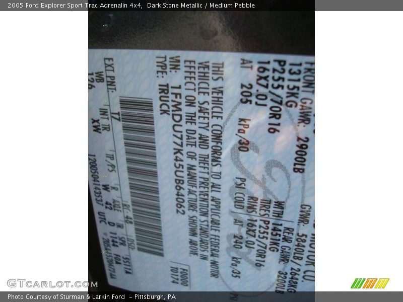 2005 Explorer Sport Trac Adrenalin 4x4 Dark Stone Metallic Color Code T7