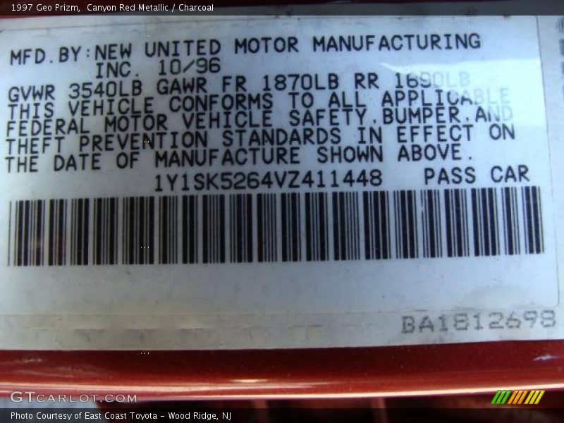 Info Tag of 1997 Prizm 