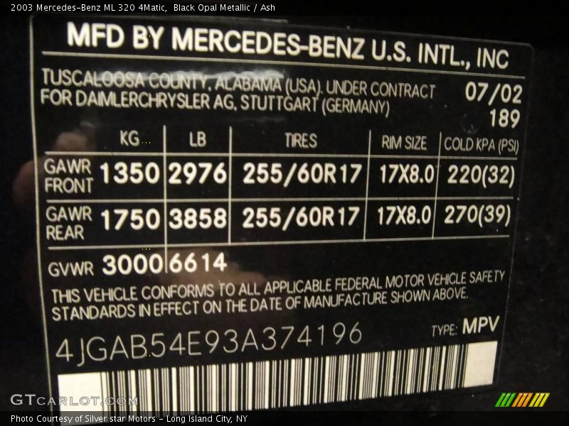 Black Opal Metallic / Ash 2003 Mercedes-Benz ML 320 4Matic