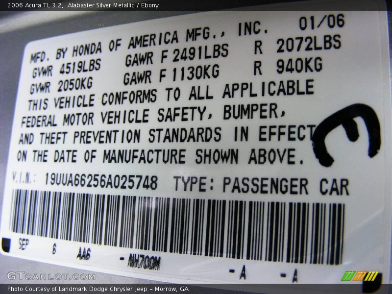 Alabaster Silver Metallic / Ebony 2006 Acura TL 3.2