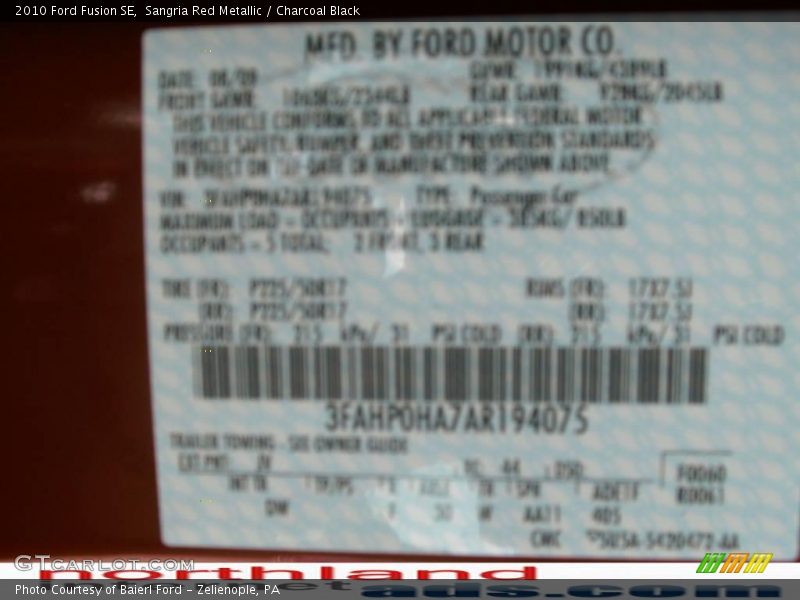 Sangria Red Metallic / Charcoal Black 2010 Ford Fusion SE