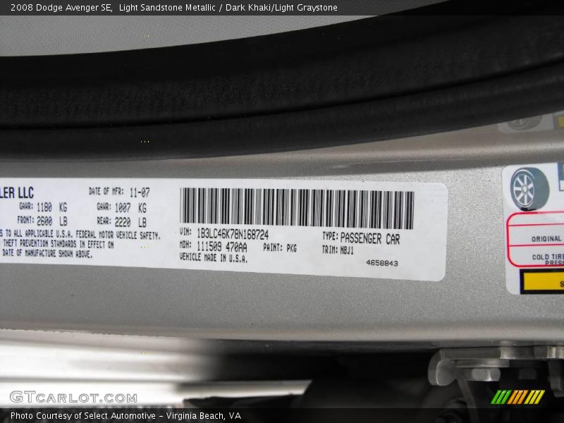 Light Sandstone Metallic / Dark Khaki/Light Graystone 2008 Dodge Avenger SE