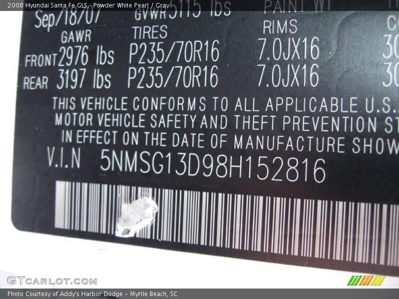 Powder White Pearl / Gray 2008 Hyundai Santa Fe GLS