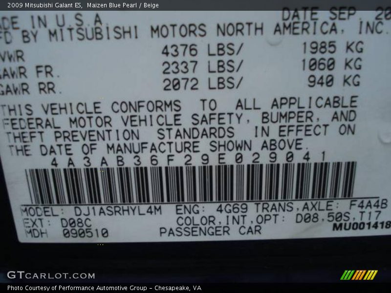 Maizen Blue Pearl / Beige 2009 Mitsubishi Galant ES