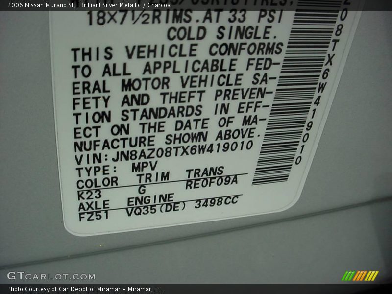 Brilliant Silver Metallic / Charcoal 2006 Nissan Murano SL