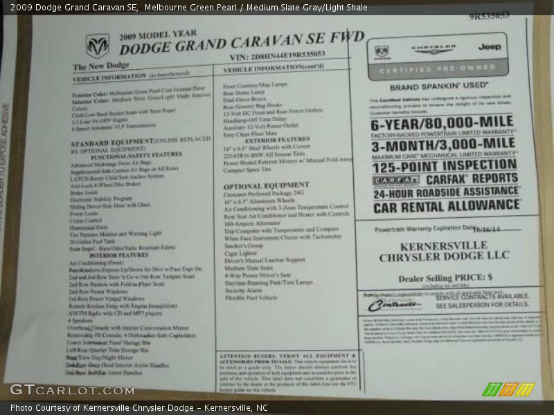 Melbourne Green Pearl / Medium Slate Gray/Light Shale 2009 Dodge Grand Caravan SE