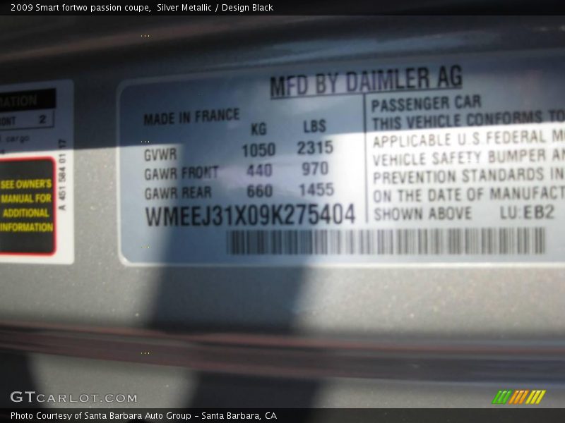 Silver Metallic / Design Black 2009 Smart fortwo passion coupe