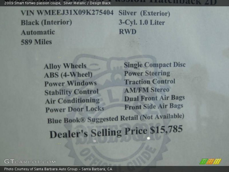 Silver Metallic / Design Black 2009 Smart fortwo passion coupe