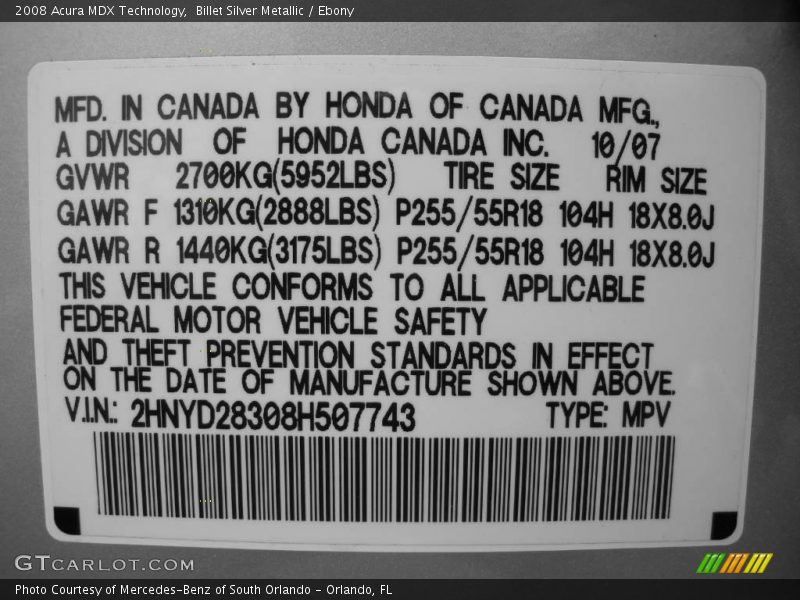 Billet Silver Metallic / Ebony 2008 Acura MDX Technology
