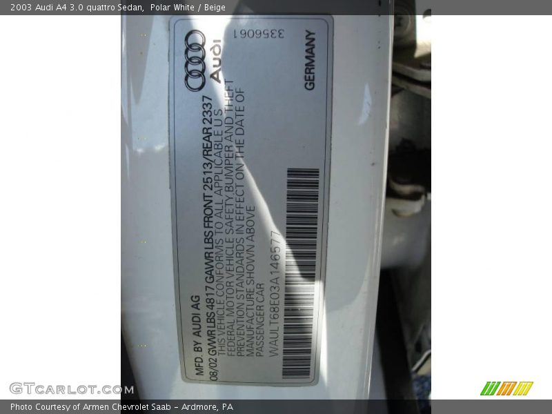 Polar White / Beige 2003 Audi A4 3.0 quattro Sedan