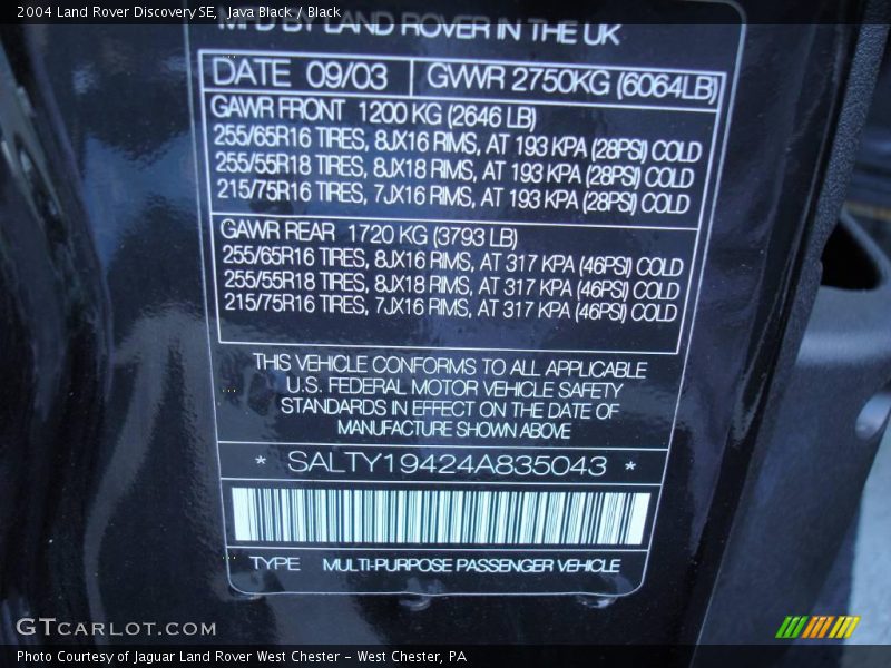 Java Black / Black 2004 Land Rover Discovery SE