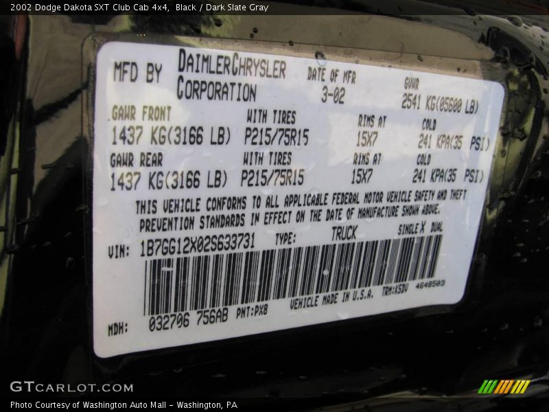 Black / Dark Slate Gray 2002 Dodge Dakota SXT Club Cab 4x4
