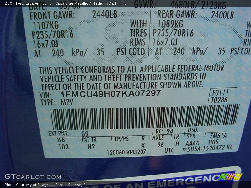 Vista Blue Metallic / Medium/Dark Flint 2007 Ford Escape Hybrid