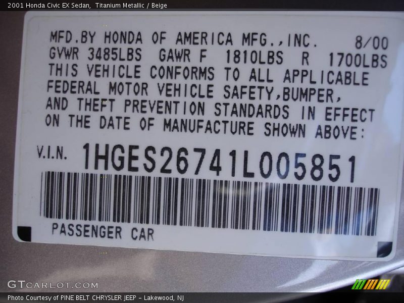 Titanium Metallic / Beige 2001 Honda Civic EX Sedan