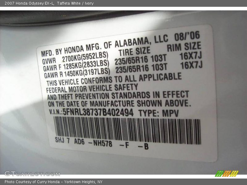 Taffeta White / Ivory 2007 Honda Odyssey EX-L