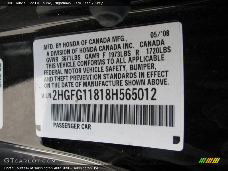 Nighthawk Black Pearl / Gray 2008 Honda Civic EX Coupe