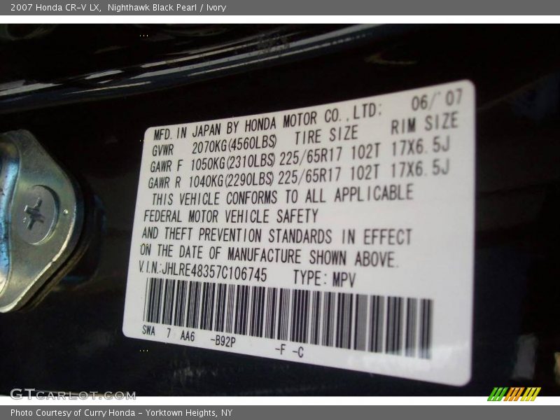 Nighthawk Black Pearl / Ivory 2007 Honda CR-V LX
