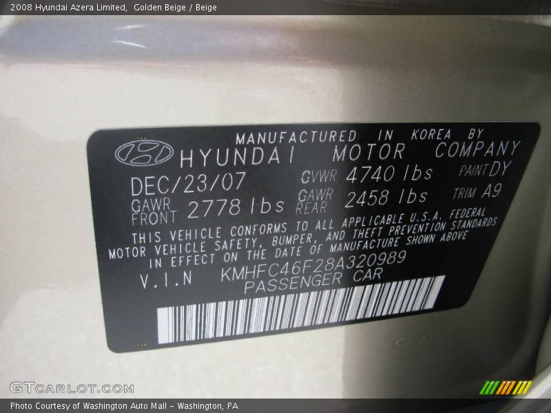 Golden Beige / Beige 2008 Hyundai Azera Limited