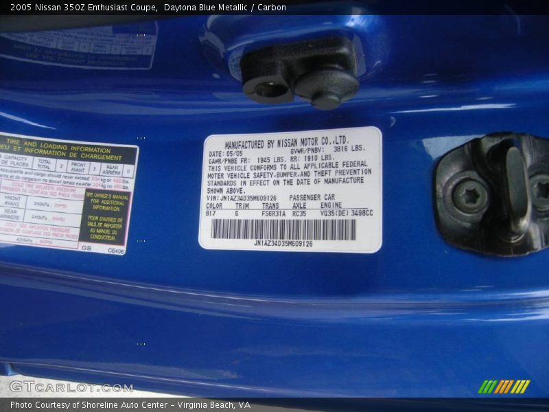 Daytona Blue Metallic / Carbon 2005 Nissan 350Z Enthusiast Coupe