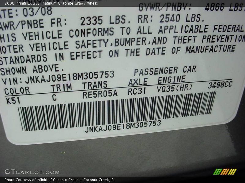 Platinum Graphite Gray / Wheat 2008 Infiniti EX 35