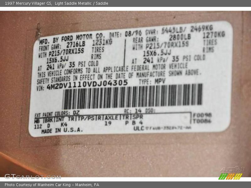 Light Saddle Metallic / Saddle 1997 Mercury Villager GS