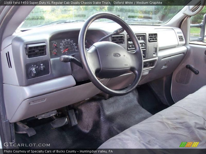 Oxford White / Medium Graphite 1999 Ford F450 Super Duty XL Regular Cab Dually Chassis Stake Truck