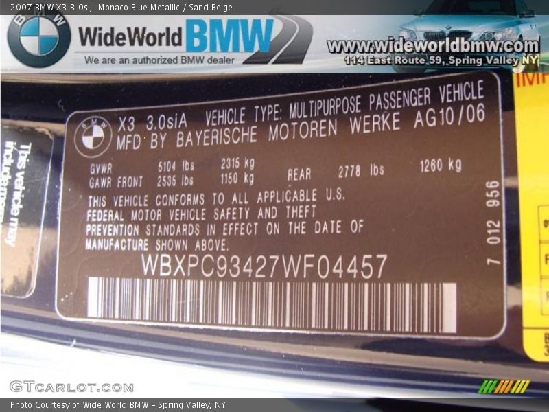 Monaco Blue Metallic / Sand Beige 2007 BMW X3 3.0si