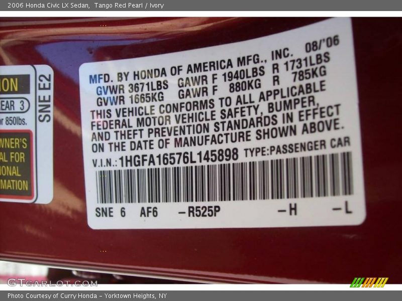 Tango Red Pearl / Ivory 2006 Honda Civic LX Sedan