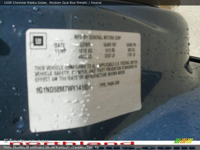 Medium Opal Blue Metallic / Neutral 1998 Chevrolet Malibu Sedan