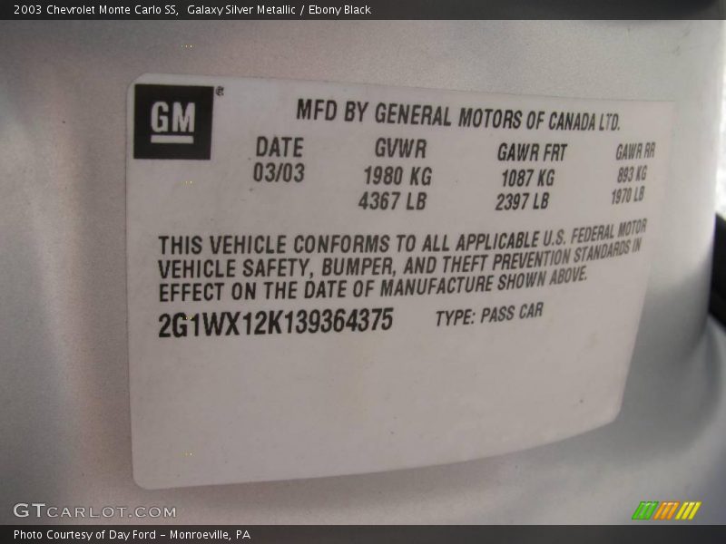 Galaxy Silver Metallic / Ebony Black 2003 Chevrolet Monte Carlo SS