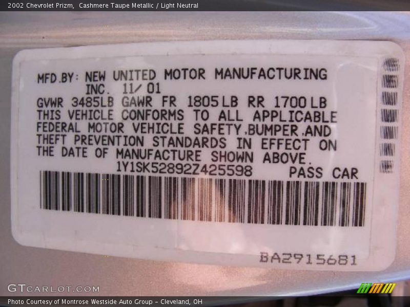 Cashmere Taupe Metallic / Light Neutral 2002 Chevrolet Prizm