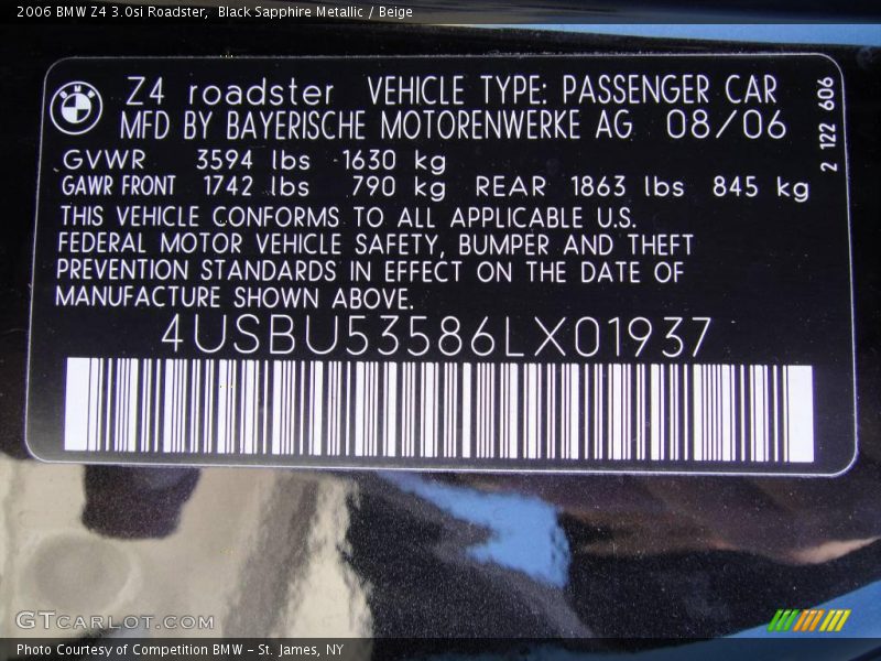 Black Sapphire Metallic / Beige 2006 BMW Z4 3.0si Roadster