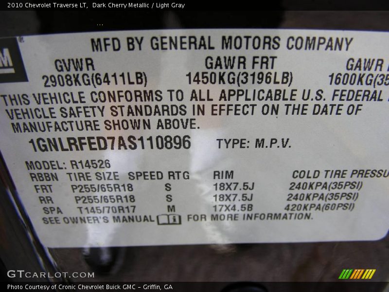 Dark Cherry Metallic / Light Gray 2010 Chevrolet Traverse LT