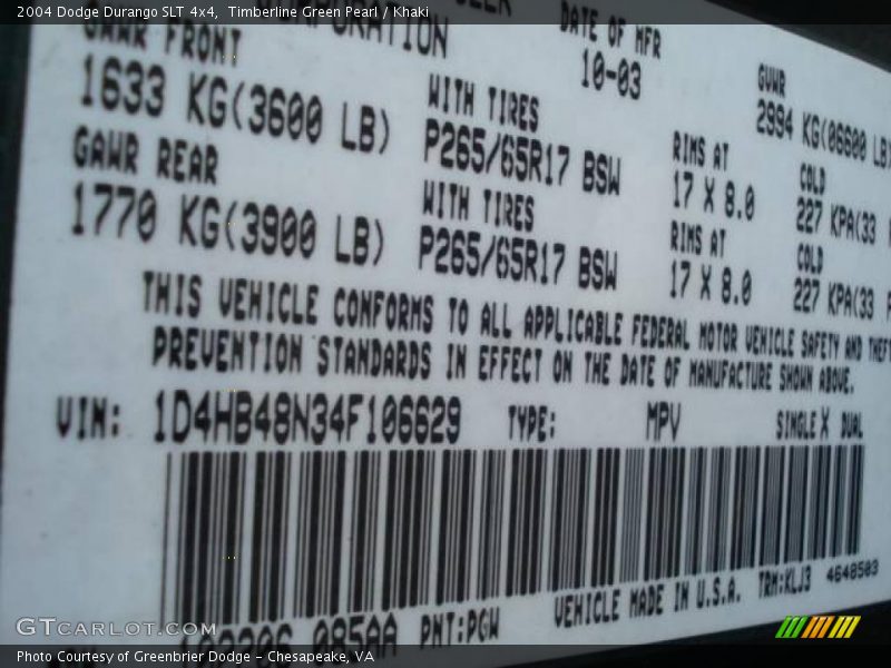 Timberline Green Pearl / Khaki 2004 Dodge Durango SLT 4x4