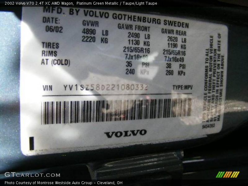 Platinum Green Metallic / Taupe/Light Taupe 2002 Volvo V70 2.4T XC AWD Wagon