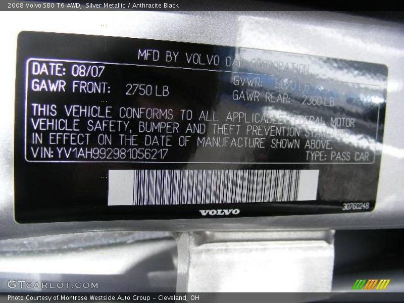 Silver Metallic / Anthracite Black 2008 Volvo S80 T6 AWD