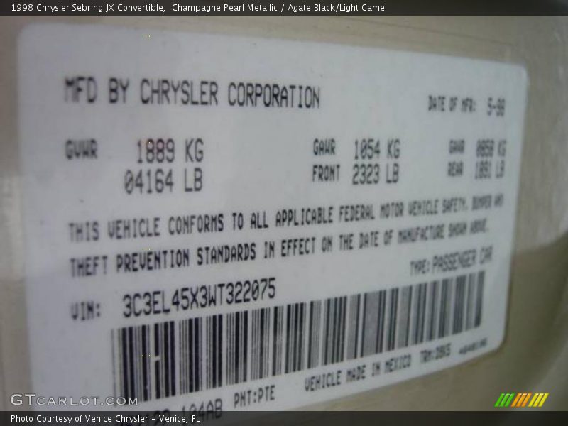 Champagne Pearl Metallic / Agate Black/Light Camel 1998 Chrysler Sebring JX Convertible