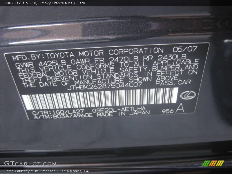 Smoky Granite Mica / Black 2007 Lexus IS 250