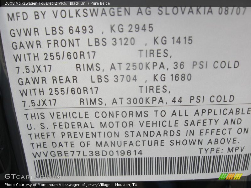 Black Uni / Pure Beige 2008 Volkswagen Touareg 2 VR6
